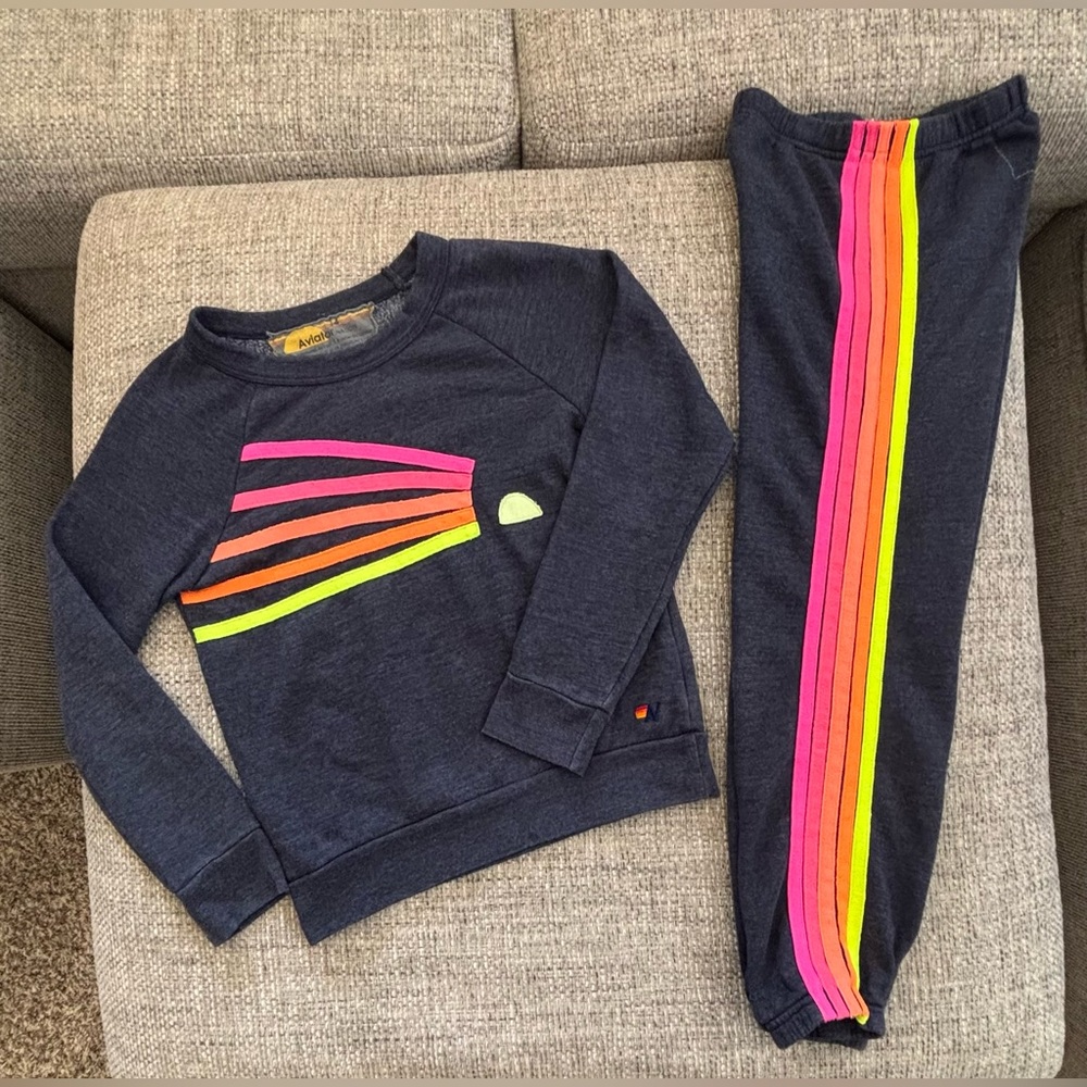 Aviator Nation 🌈 Navy Neon Sunburst Sweatshirt & Sweatpants Kids Size 14
